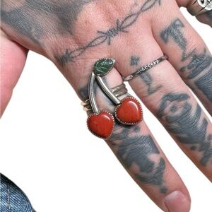 Cherry sterling Silver Ring with Red and Green jade  Accents